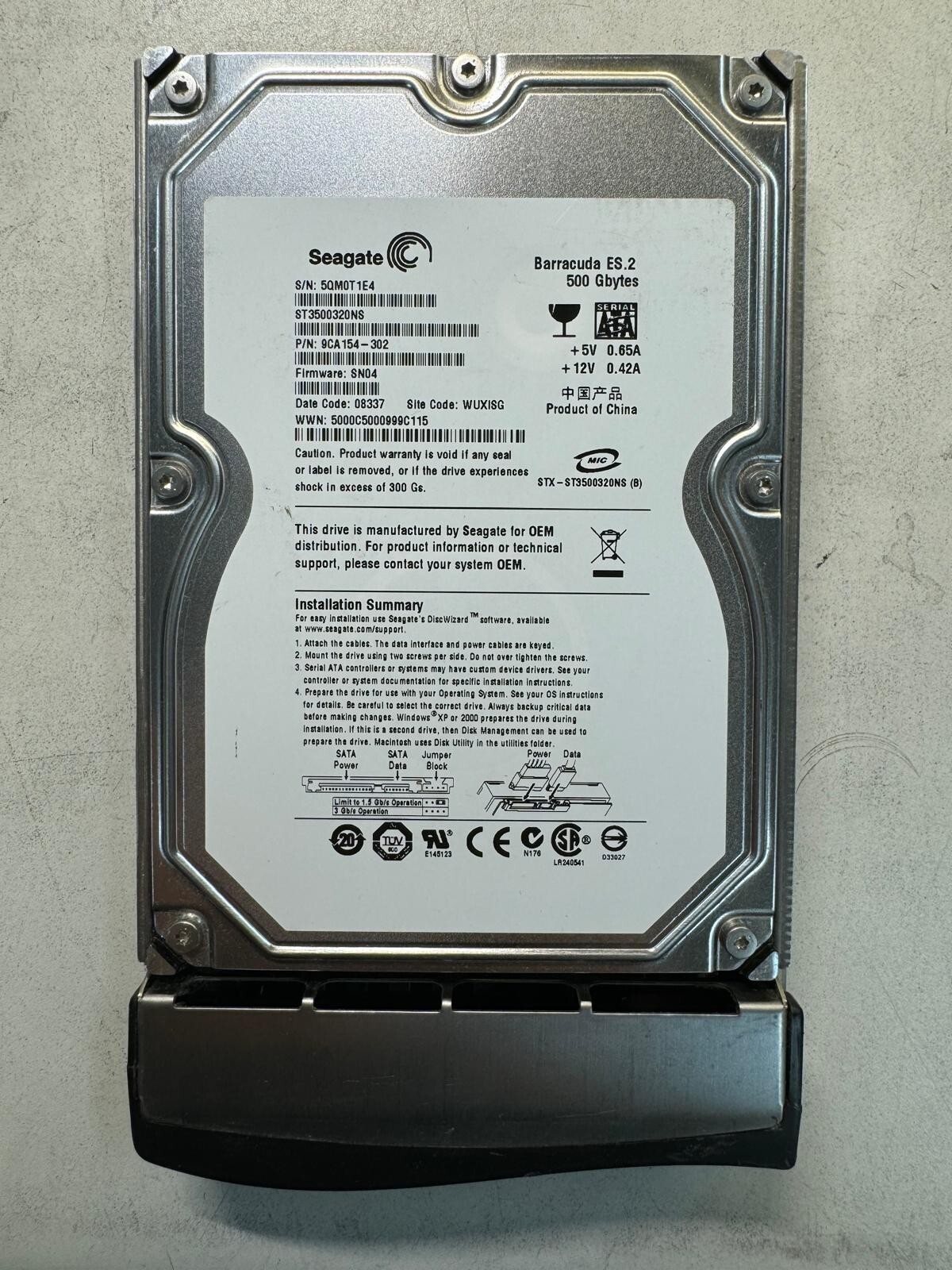 SEAGATE ST3500320NS 9CA154-302 500GB Firmware SN04 Date Code 08337 SATA 3.5"