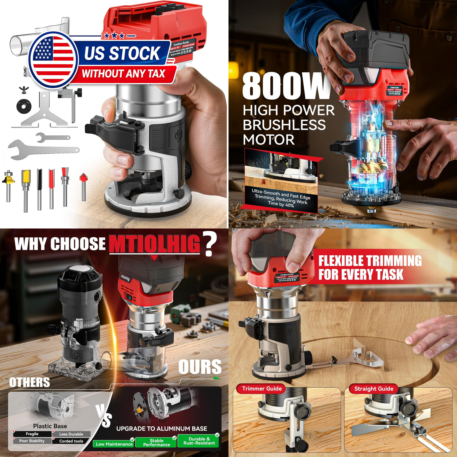 Cordless Compact Router Compatible with Milwaukee Battery 800W 6 Variable Speeds