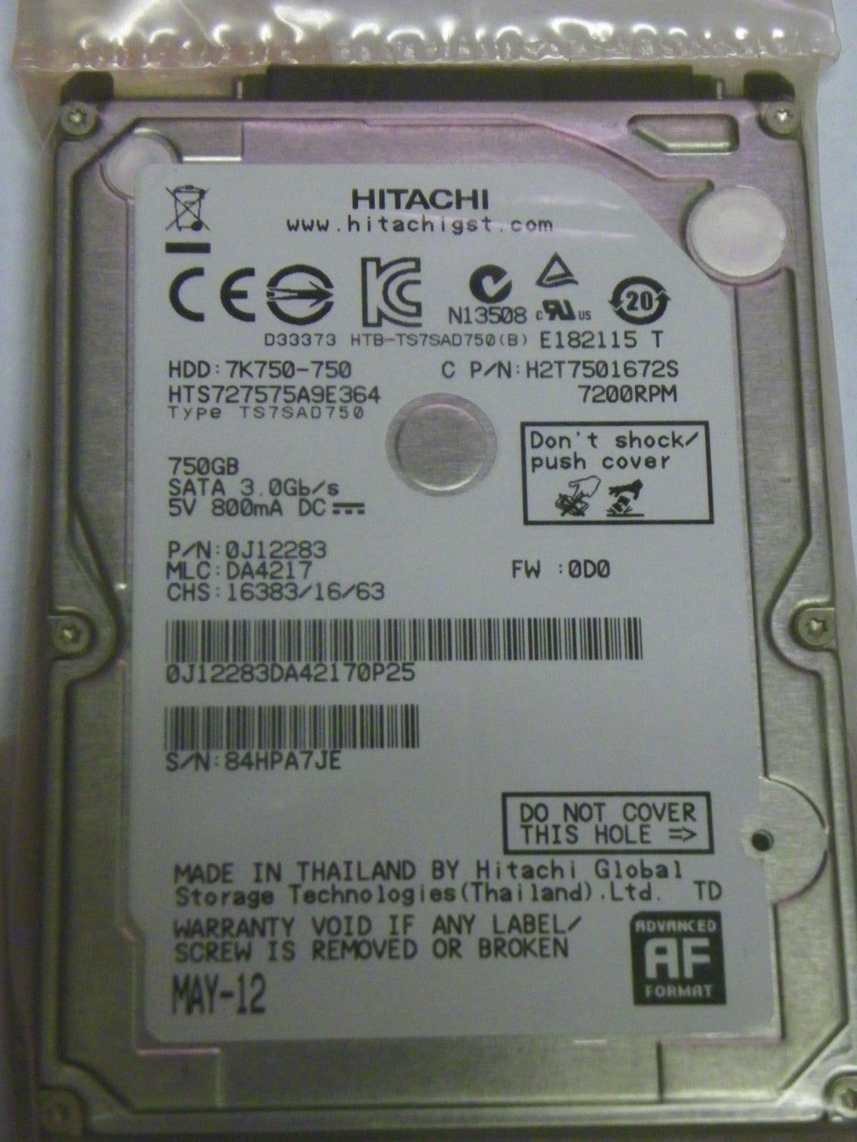 Hitachi HTS727575A9E364 P/N:0J12283 MLC: DA4217 FW:0D0 Laptop 750GB 2.5" SATA HD