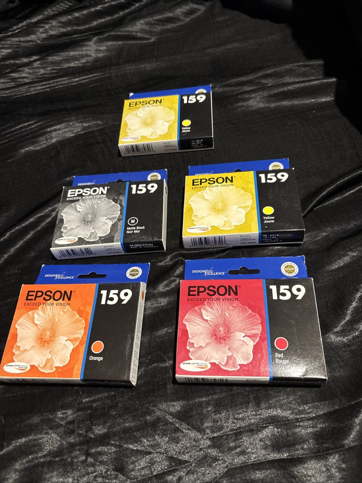 NEW GENUINE - EPSON 159 MATTE BLACK/YELLOW/ORANGE/RED LOT OF 5 NEW SEALED