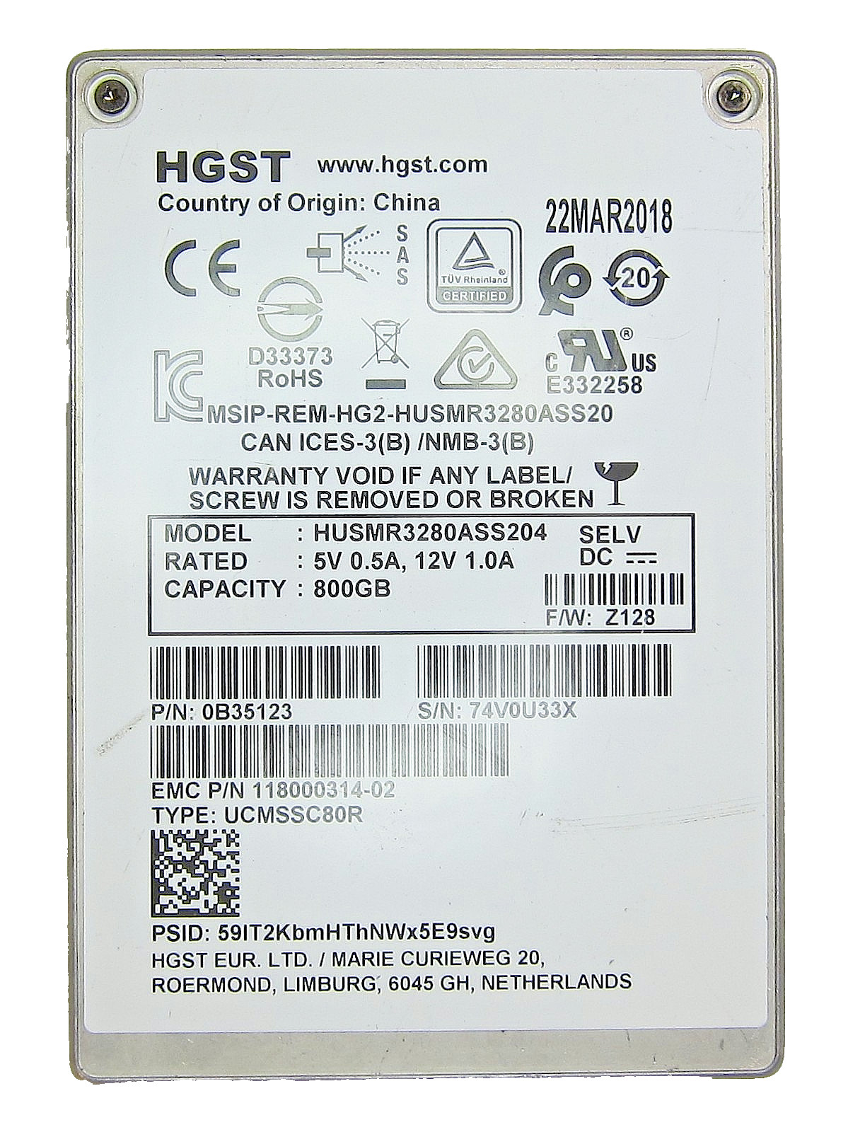800GB HGST HUSMR3280ASS204 12Gb SAS 2.5" SSD EMC P/N: 118000314-02
