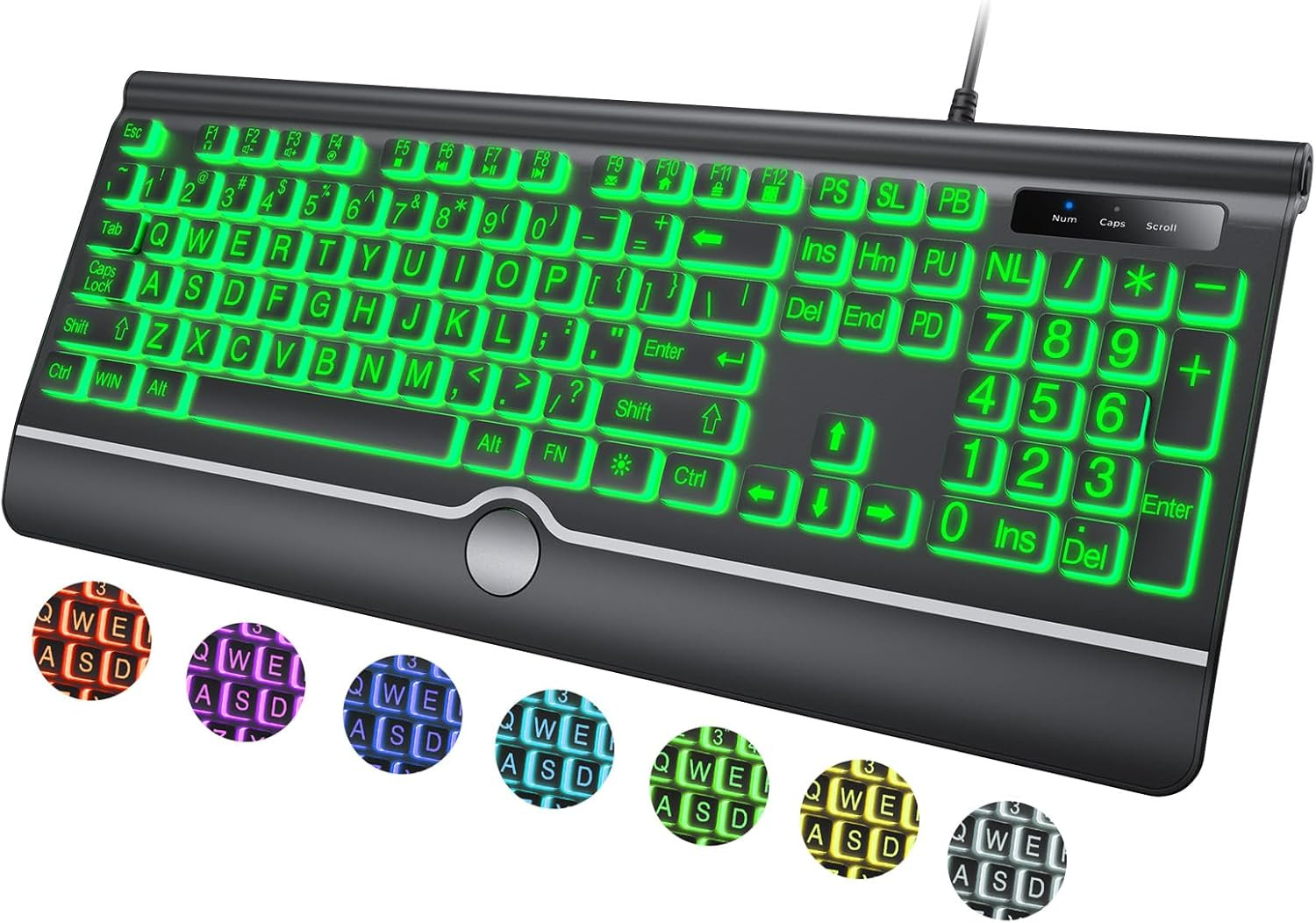 Large Print Wired Keyboard 7 Color Backlit Ergonomic USB Quiet Full Size