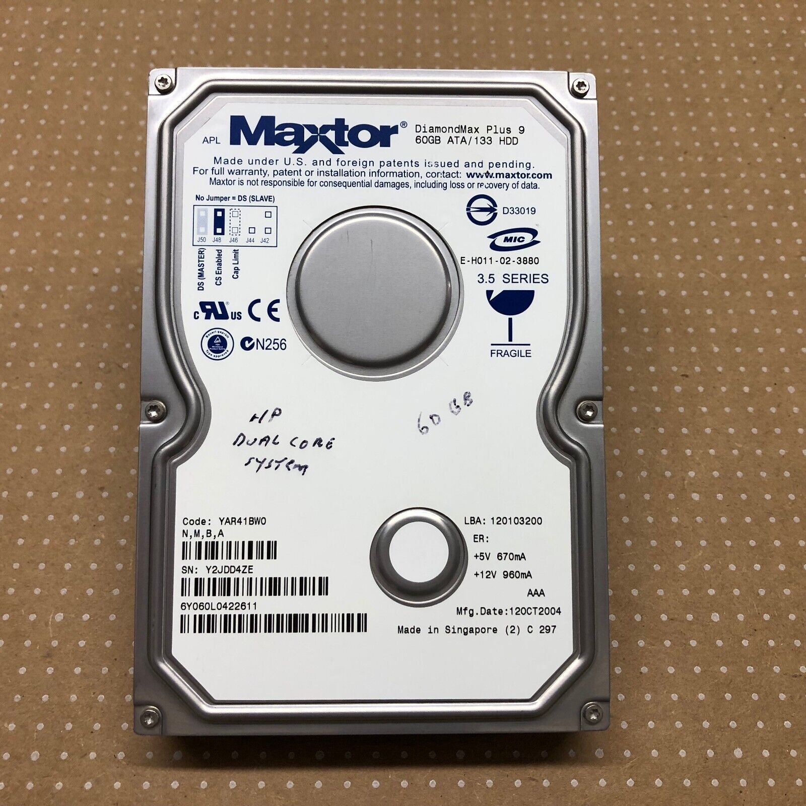 Maxtor DiamondMax Plus 9 6Y060L0 (YAR41BW0) 60GB IDE Hard Drive - TESTED & WIPED