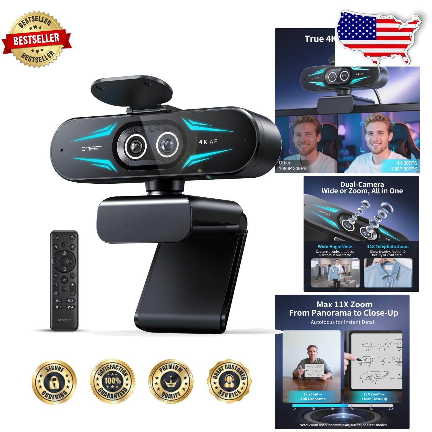 Professional 4K Webcam: Dual-Lens, RGB Lighting, Remote Control, Auto Focus