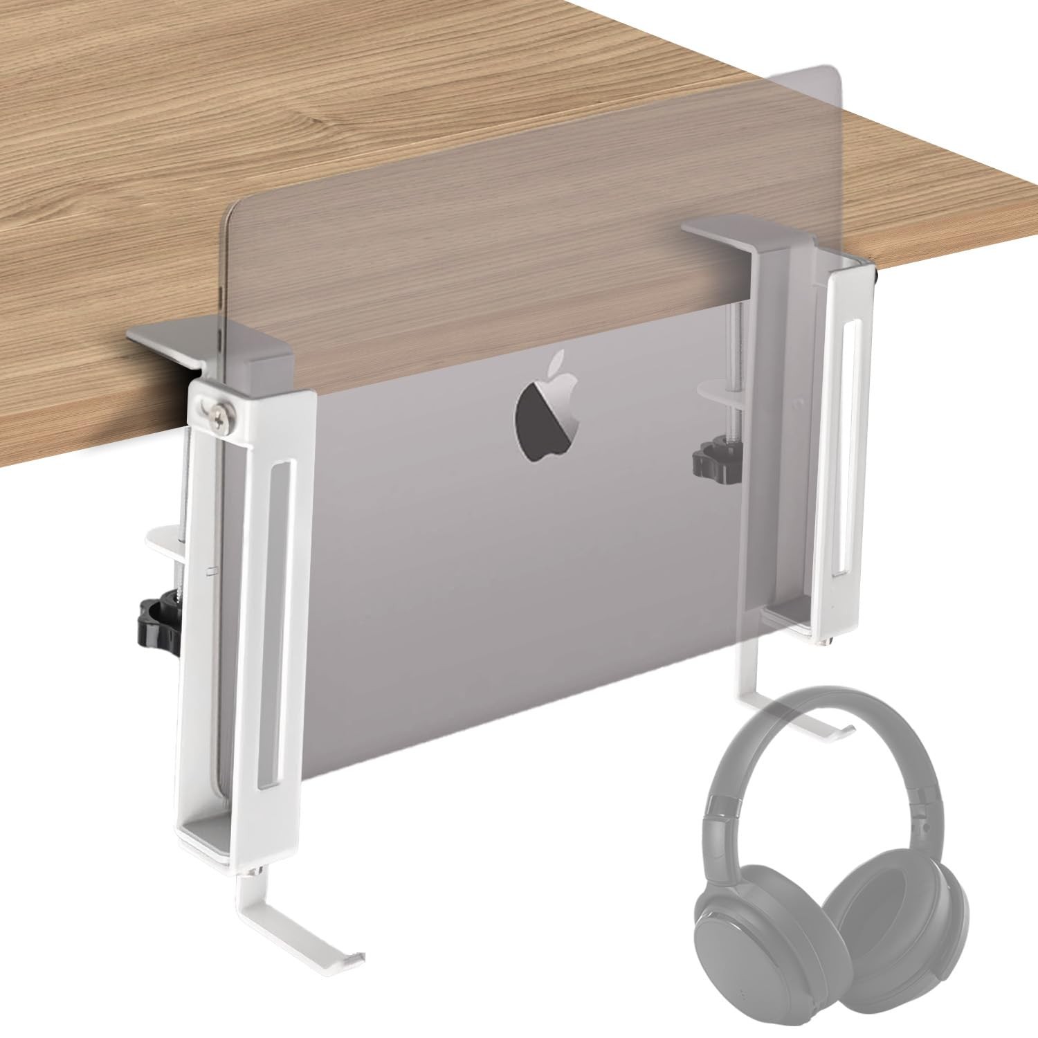 No Drill Adjustable Desk Side Laptop Mount Headphone Hook (White)