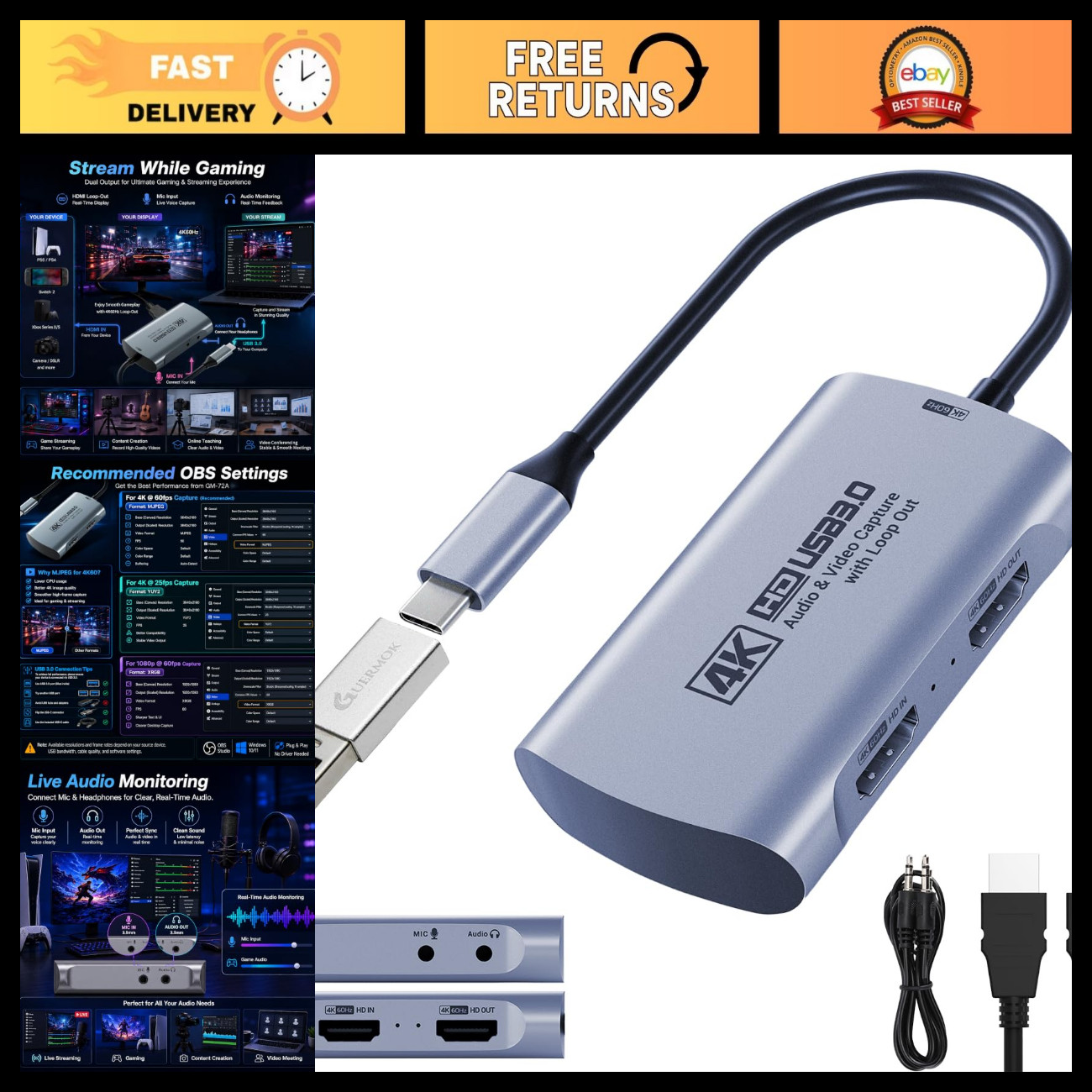 4K 60FPS Streaming Capture Card, 2K 120FPS USB 3.0 HDMI Video Recorder