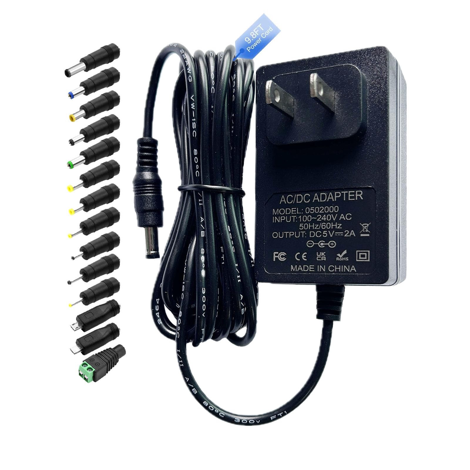 5V 2A Power Supply Adapter DC Cord 9.8FT AC 100-240V to 5 black 