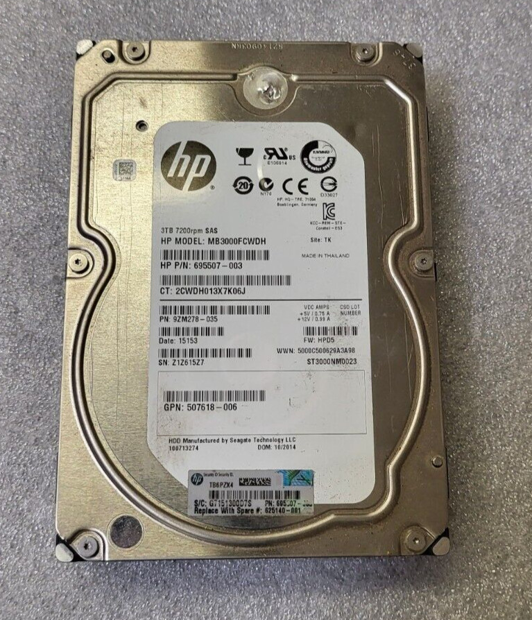 HP 3TB 7.2K 6G SAS 3.5" HDD Hard Drive Dual-Port Midline / 625140-001 USA
