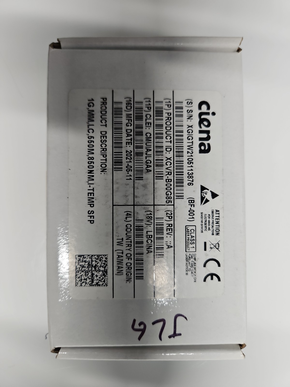 Ciena XCVR-B00CRJ SFP-1G-TX 10/100/1000M SFP-T RJ45 CONNECTOR SGMII 100 m length