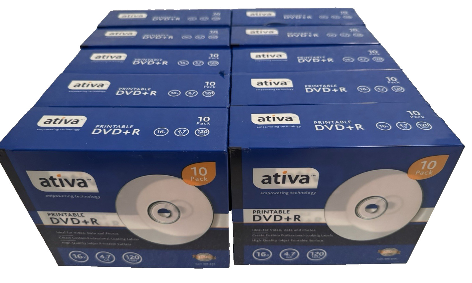 10 Packs of 10- Ativa Printable DVD+R 16x 120 Min 4.7 GB New Sealed 495-635