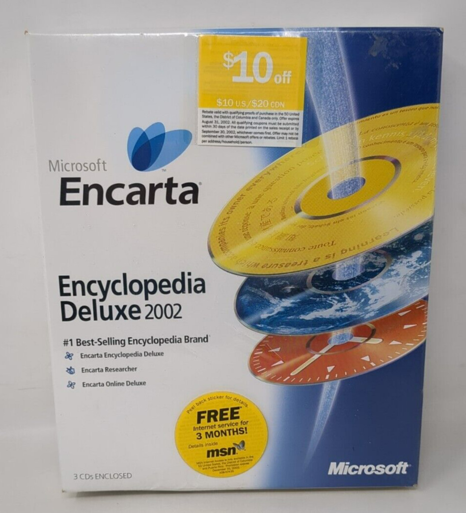 Microsoft Encarta Encyclopedia Deluxe 2002 New Sealed Big Box Vintage
