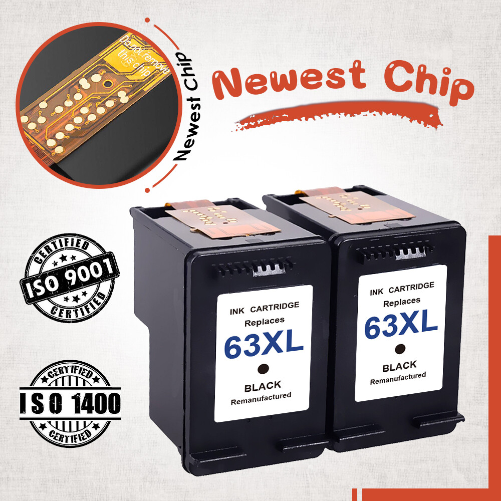 2PKs 63 XL Black Ink Cartridge for HP Envy 4510 4516 4526 OfficeJet 5255 5258 .