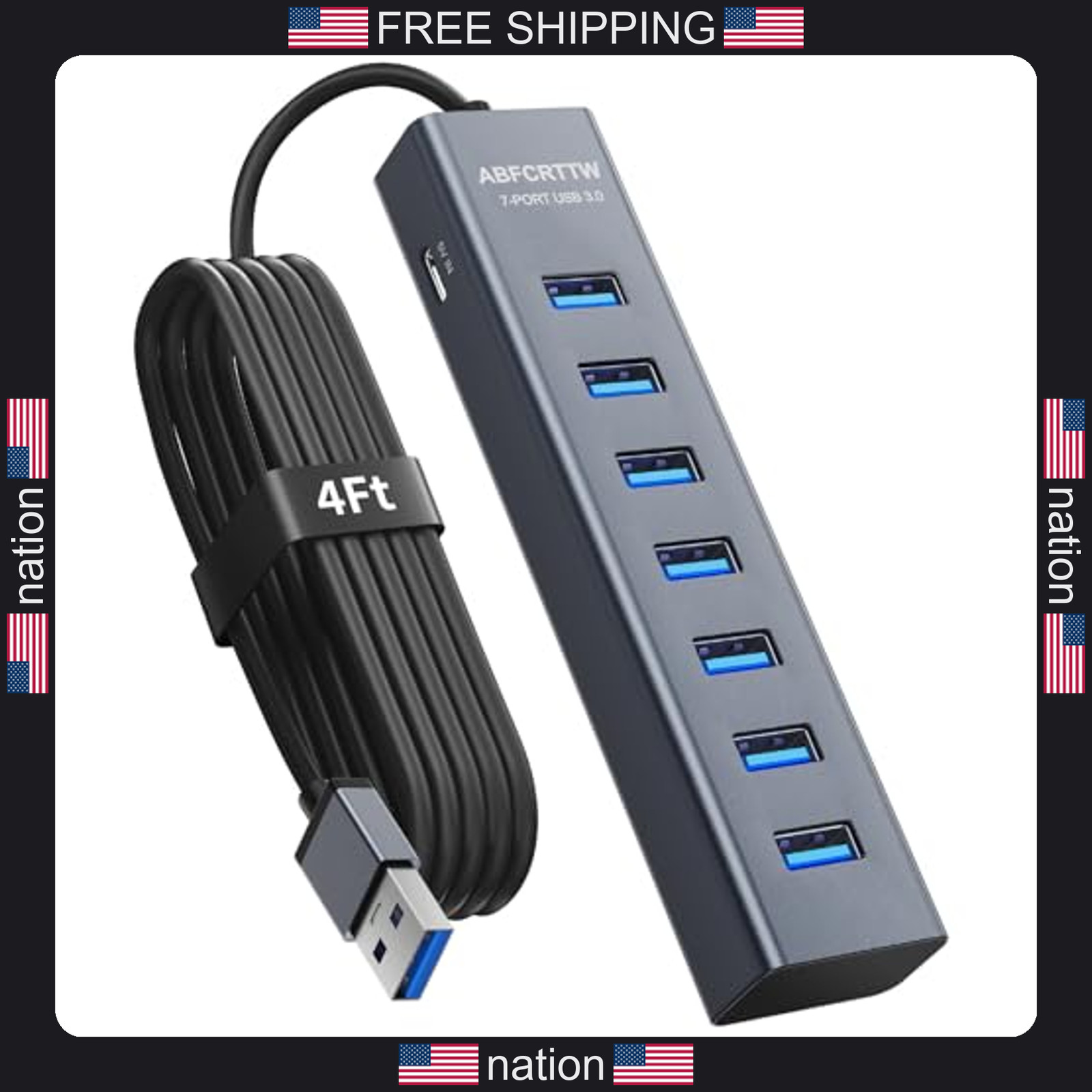 Amazon Basics 4ft 7-Port USB 3.0 Hub Aluminium Desktop USB Extender 1.2m