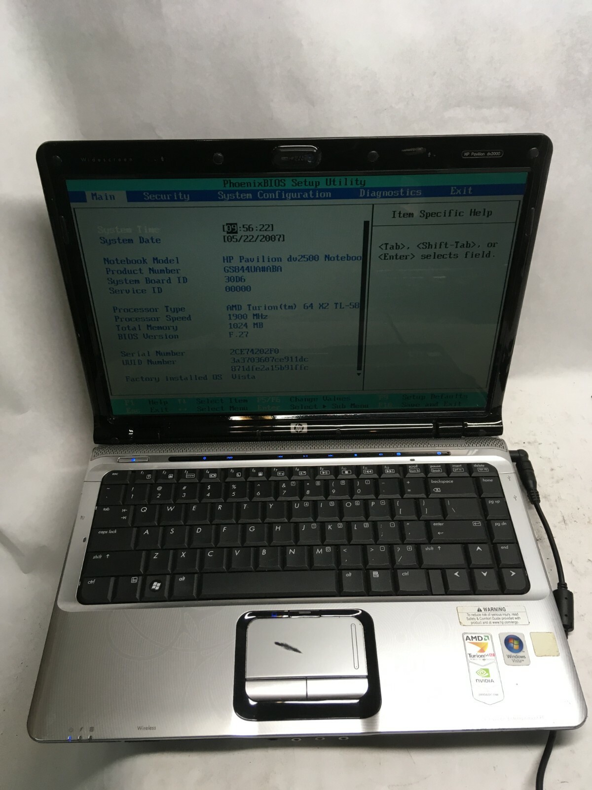 HP Pavilion dv2620us Laptop Boots to BIOS NO HDD/RAM/Charger JR