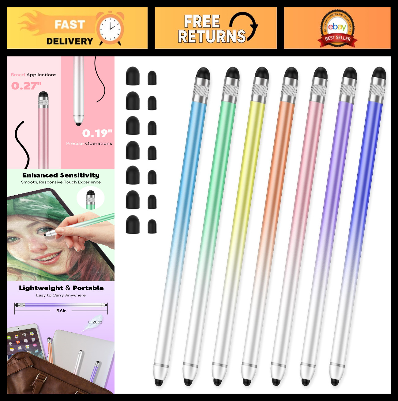 High Sensitivity Dual-End Stylus Pen for Touchscreens - 7 Pack for iPhone, iPad,