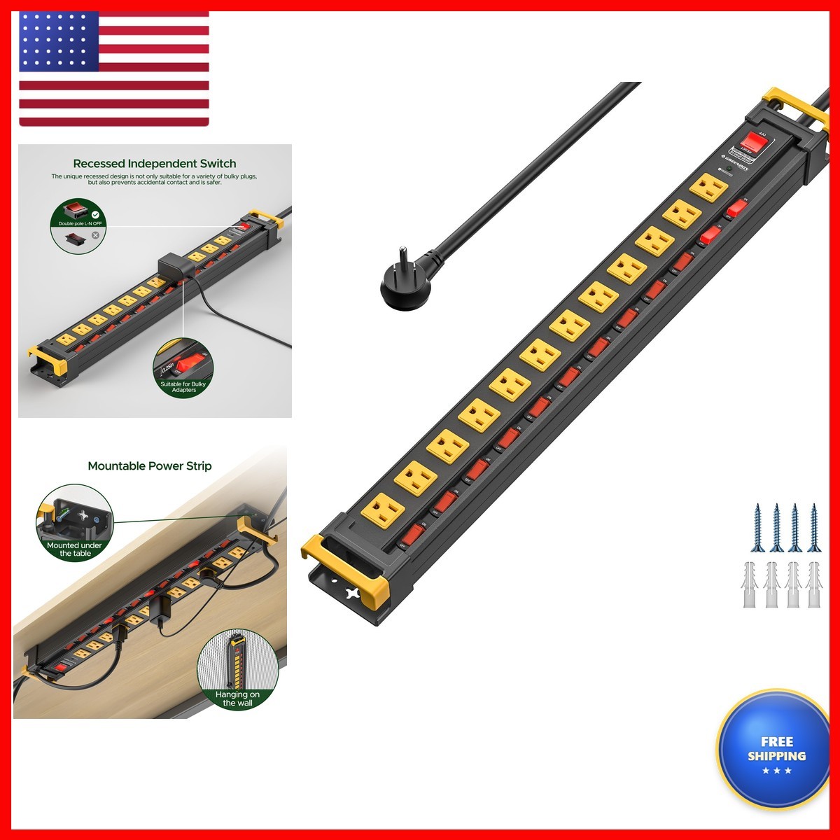 Green Box Innovations US-1213 12 Outlet Heavy Duty Long Power Strip Individual