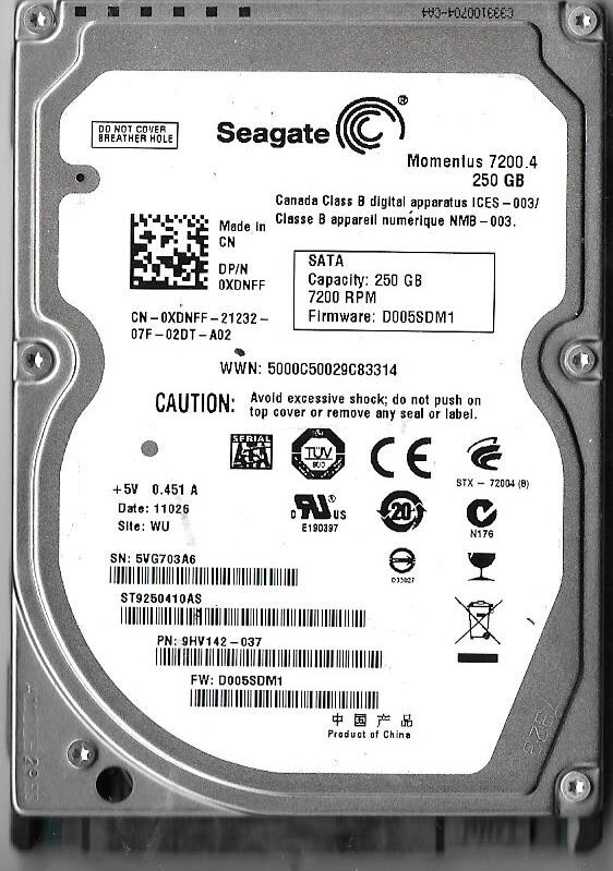 Seagate ST9250410AS 250GB Sata Hard Drive P/N: 9HV142-037 F/W: D005SDM1 5VG WU