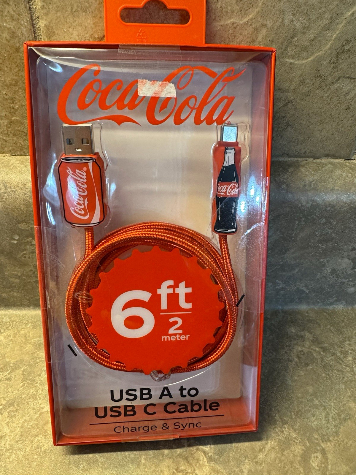 Coca-Cola Braided Charge & Sync USB-A to USB-C Cable 6 ft Orange/Red