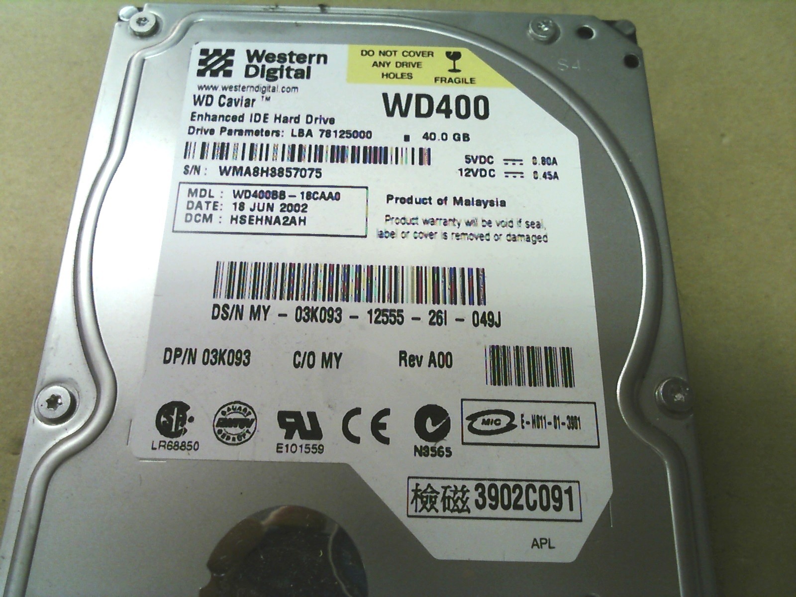 WD Caviar WD400 40GB WD400BB-18CAA0 DCM HSEHNA2AH IDE Hard Drive