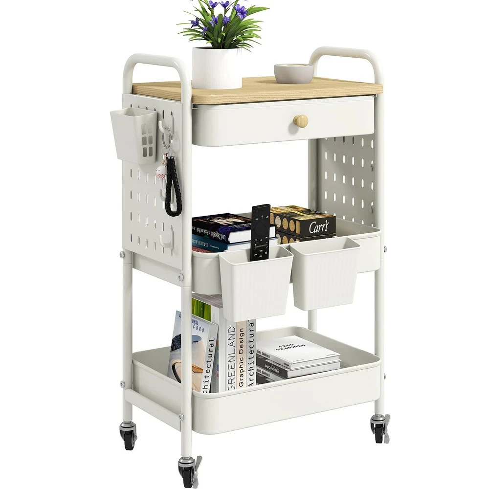 Rolling Utility Cart 3 Tier Wooden Top Pegboards Hooks White MRCD danpinera Cups