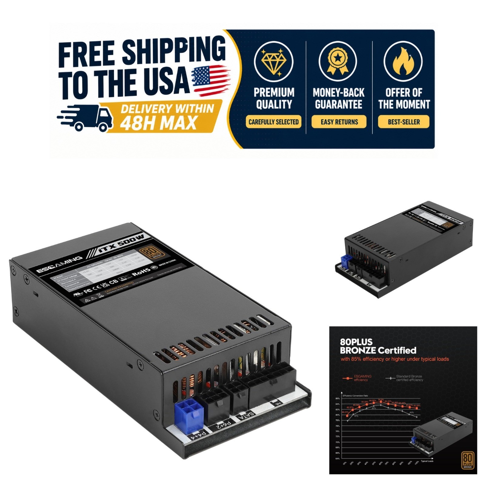 ESGAMING 500W 80 Plus Gold Fully Modular ITX Server PSU 1U Flex ATX APFC