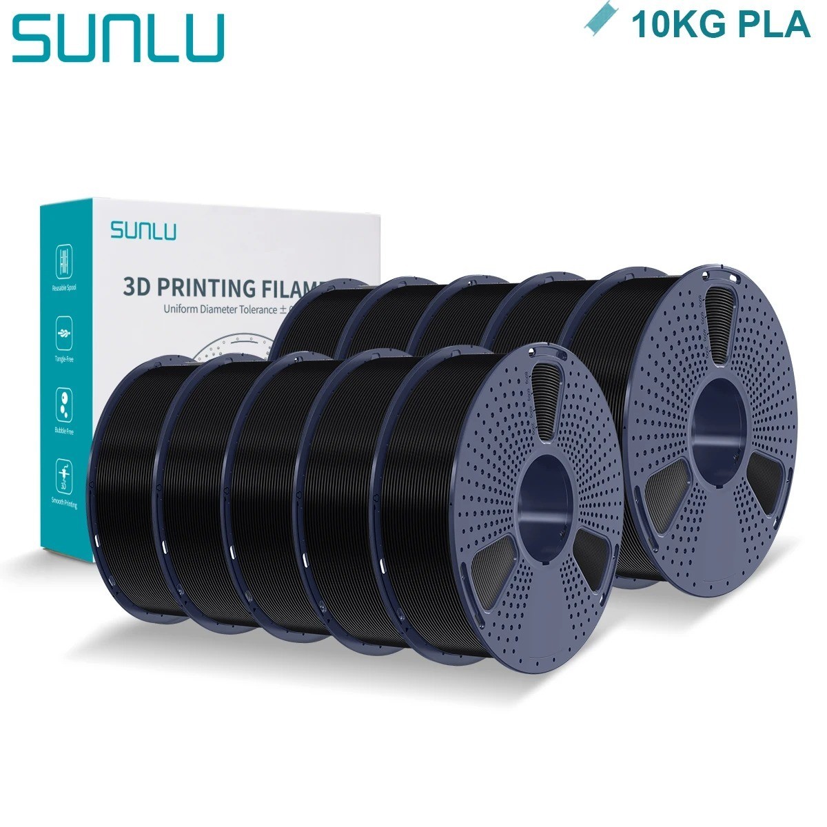 SUNLU PLA 3D Printer Filament 1.75mm 1KG Reusable Spool 10 Rolls
