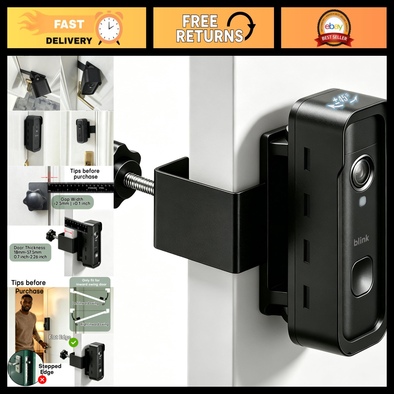 Adjustable Clamp-on Doorbell Mount for Blink Battery Doorbell 2K+ - Rotatable De