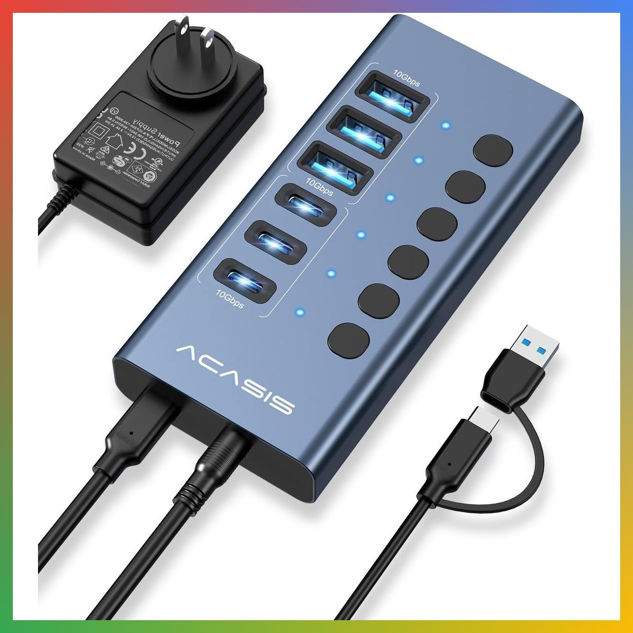 6 Ports Powered USB 3.2 Hub (3 USB-A 3.2 +3 USB-C 3.2), 10Gbps