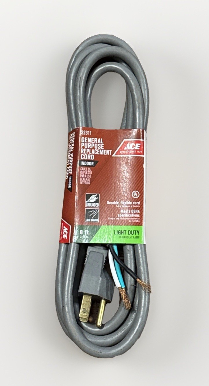 Ace 8 Ft Replacement Power Cord Light Duty Indoor Grounded 16 Gauge