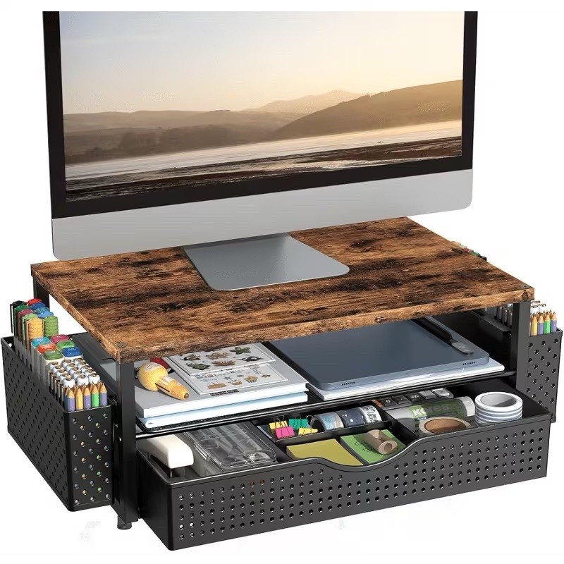Wood Monitor Stand Riser Desk Organizer w Drawer Pen Holders Office Storage