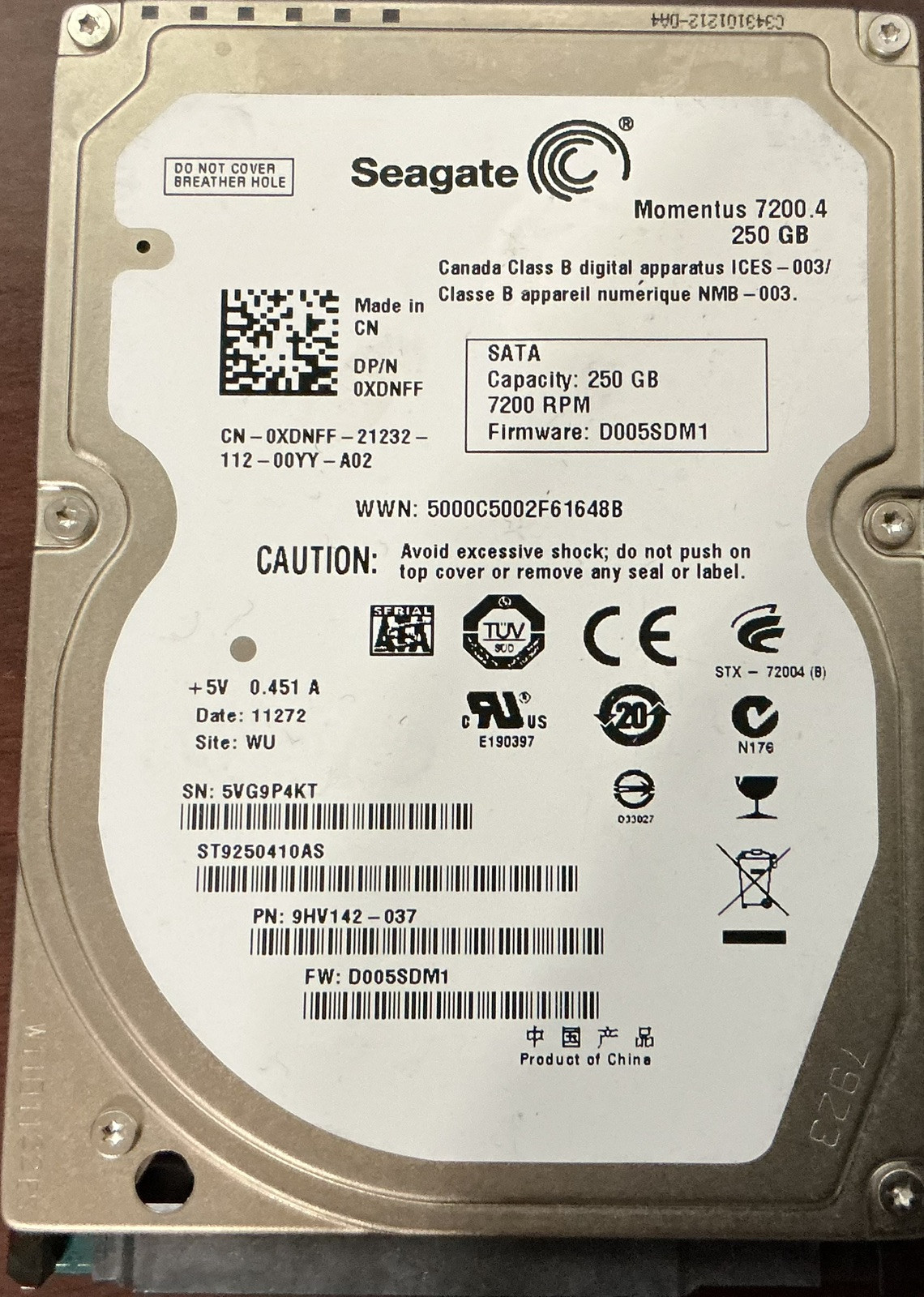 SEAGATE MOMENTUS ST9250410AS 250GB 7200RPM SATA 2.5" HDD HARD DRIVE