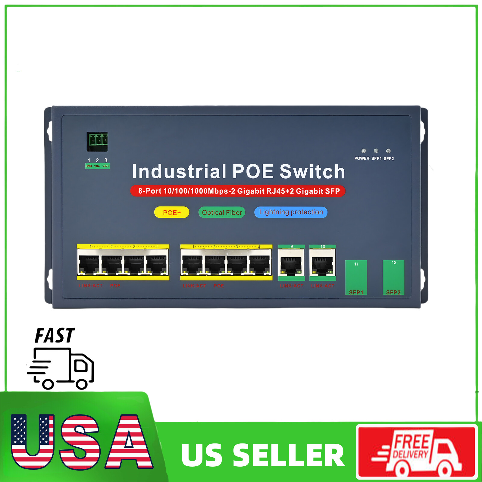 120w Industrial Gigabit PoE Switch 10Port Unmanaged Ethernet Switch+2 SFP Ports