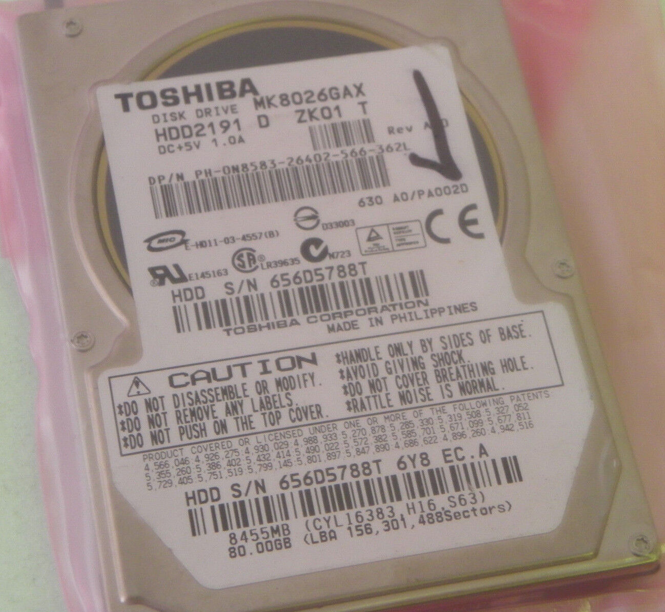 80GB Toshiba MK8026GAX Laptop IDE Hard Drive HDD2191 D ZK01 T DP/N 0N8583