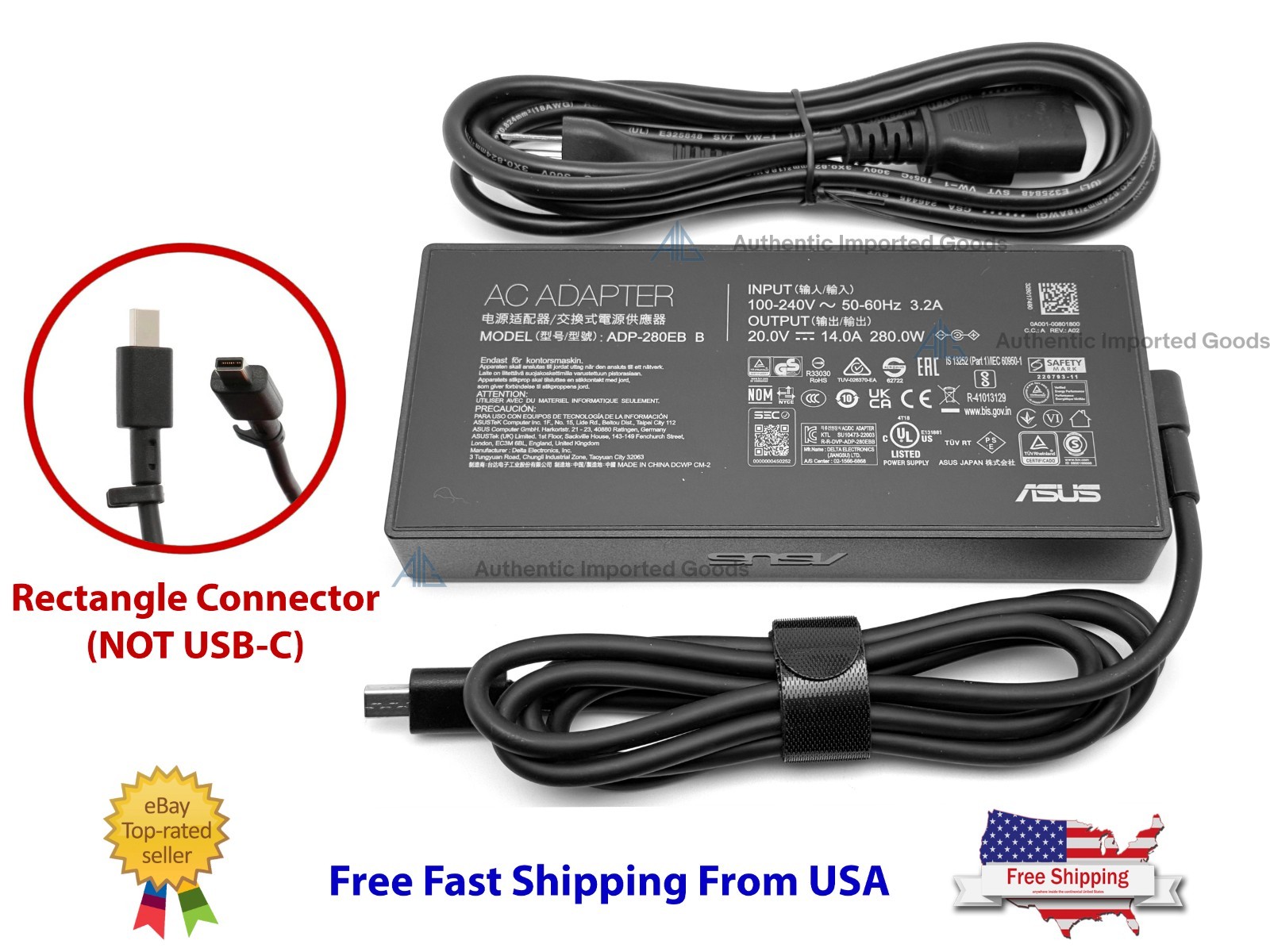 ASUS 280W Rectangle Connector, 20V 14A AC Adapter A22-280P1B/ADP-280EB B