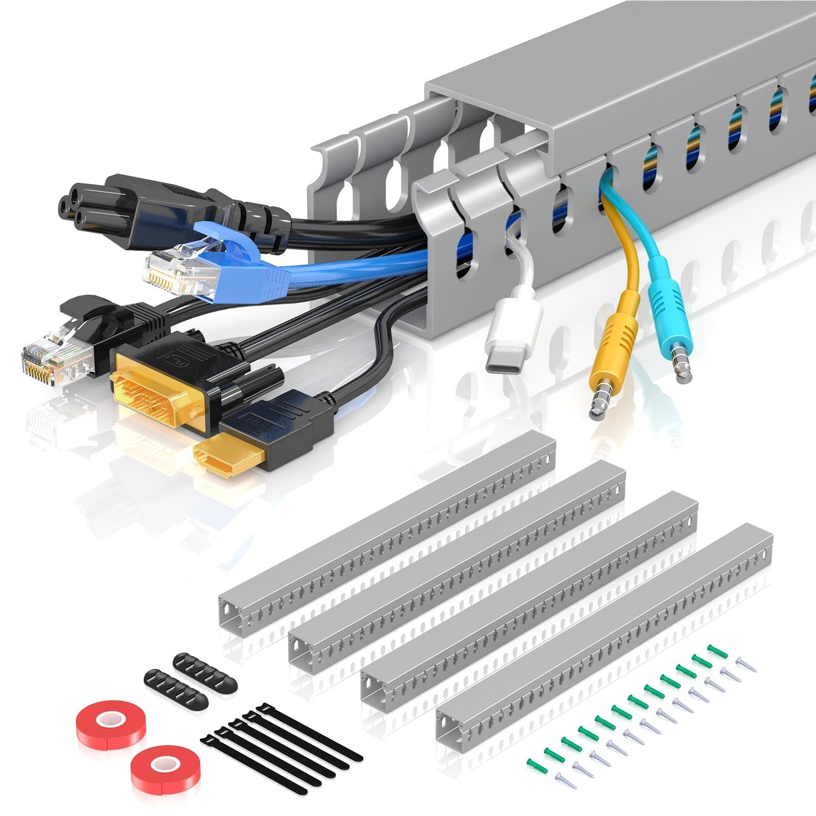 62.8" Open Slot Wire Duct Kit - 4 Pack Cable Management Raceway for HDMI VGA, De