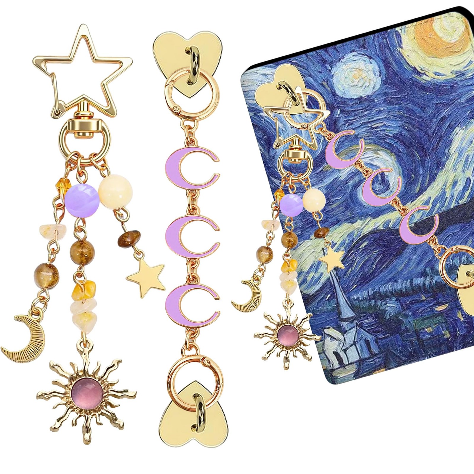 4Pcs Sun Moon Charm Set for Kindle E-Reader, Y2K Keychain Gift