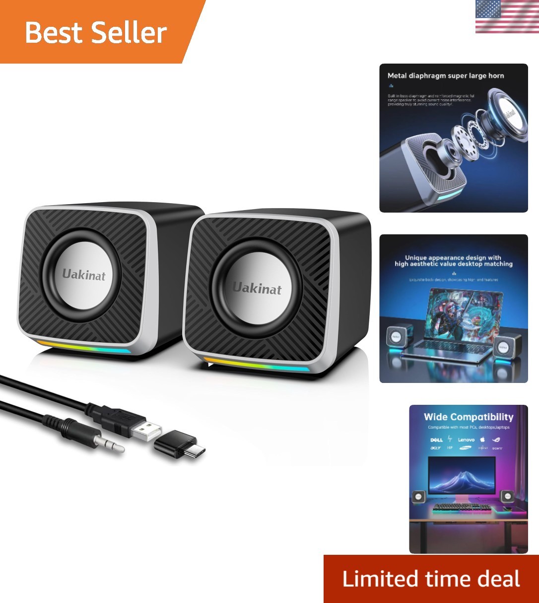 Stylish Carbon Fiber Computer Speakers - Rich Bass & Loud Volume for Laptops