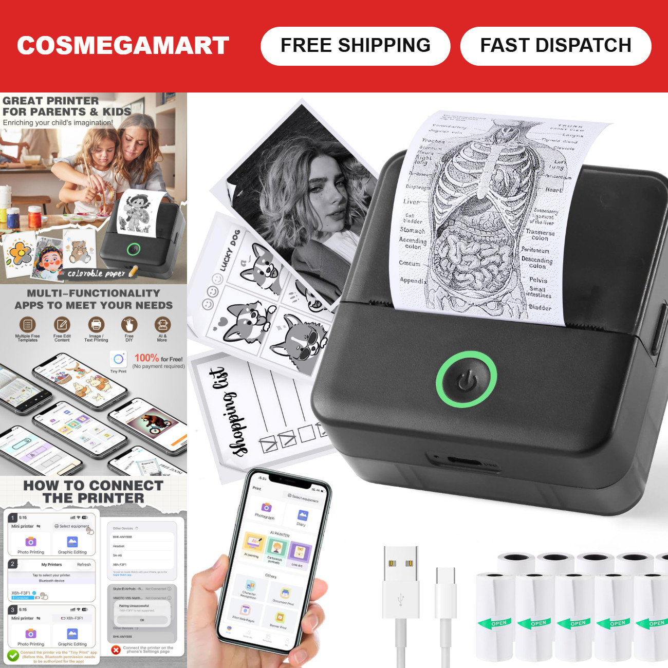 Mini Sticker Printer, Portable X6 Print Pod, 10 Rolls Thermal Paper, DIY Craftin
