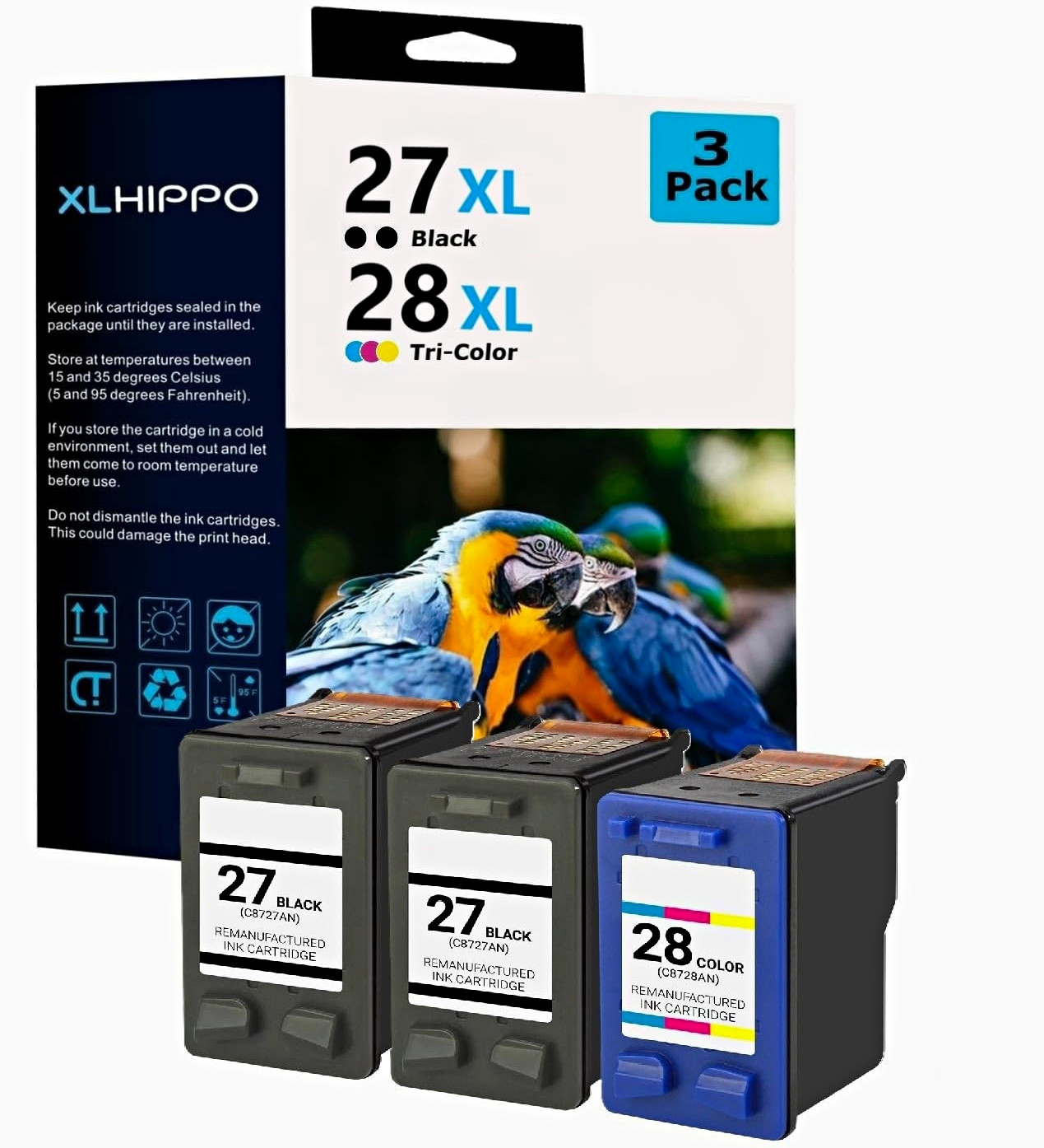 XLHIPPO Ink For HP 27XL 28XL BK Tri-Color 3pk (2+1)