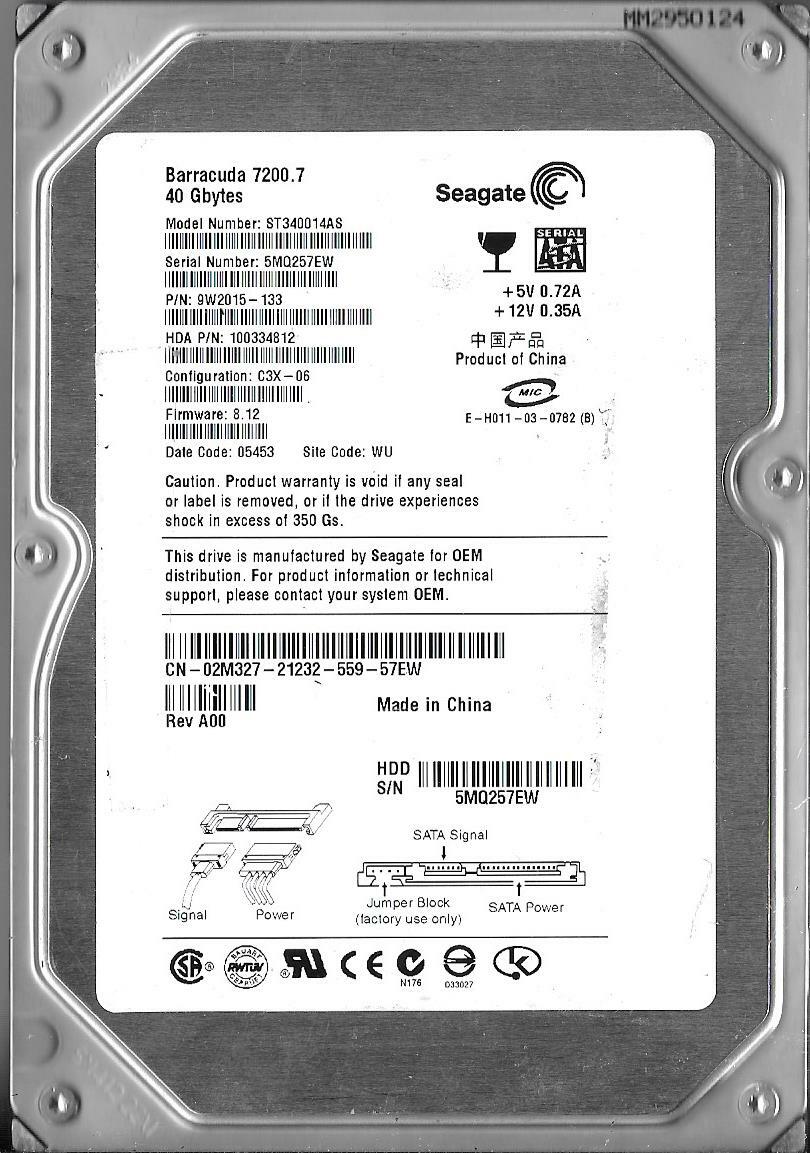 Seagate ST340014AS 40GB Sata Hard Drive P/N: 9W2015-133 F/W: 8.12  WU