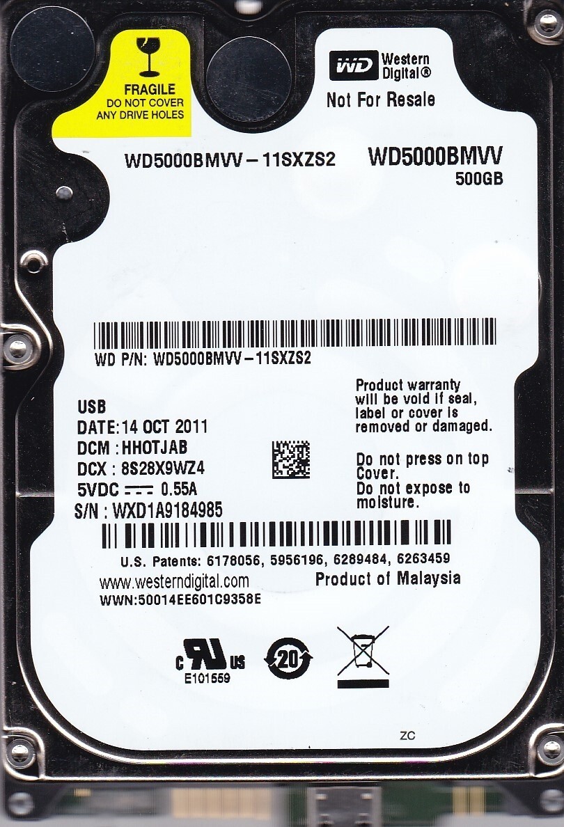 WD5000BMVV-11SXZS2 dcm: HHOTJAB sn: WXD1A OCT/2011 500GB USB 2.0 Western Digital