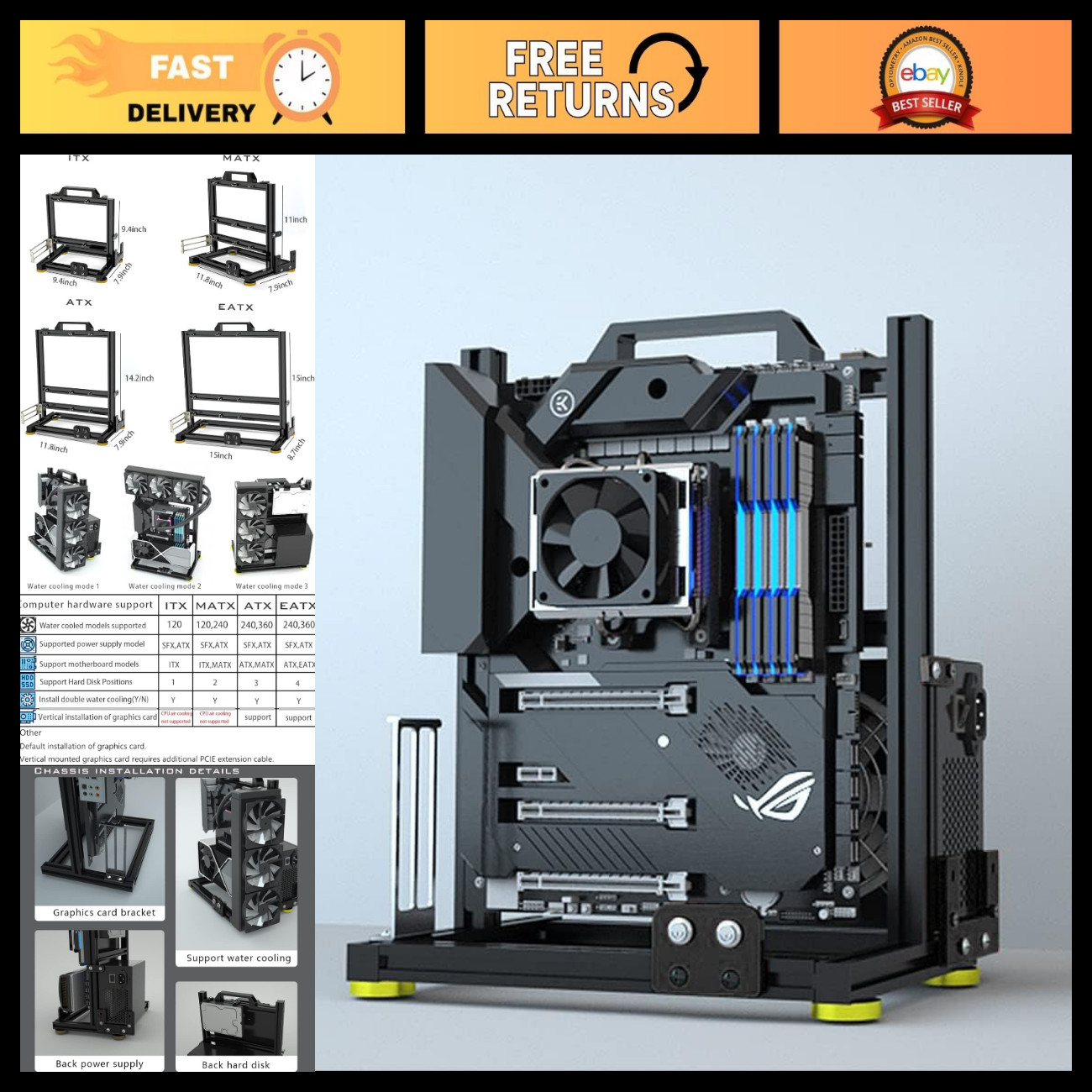 DIY Open Air PC Test Bench Frame Case, Aluminum Chassis for ATX/ITX/MATX Builds