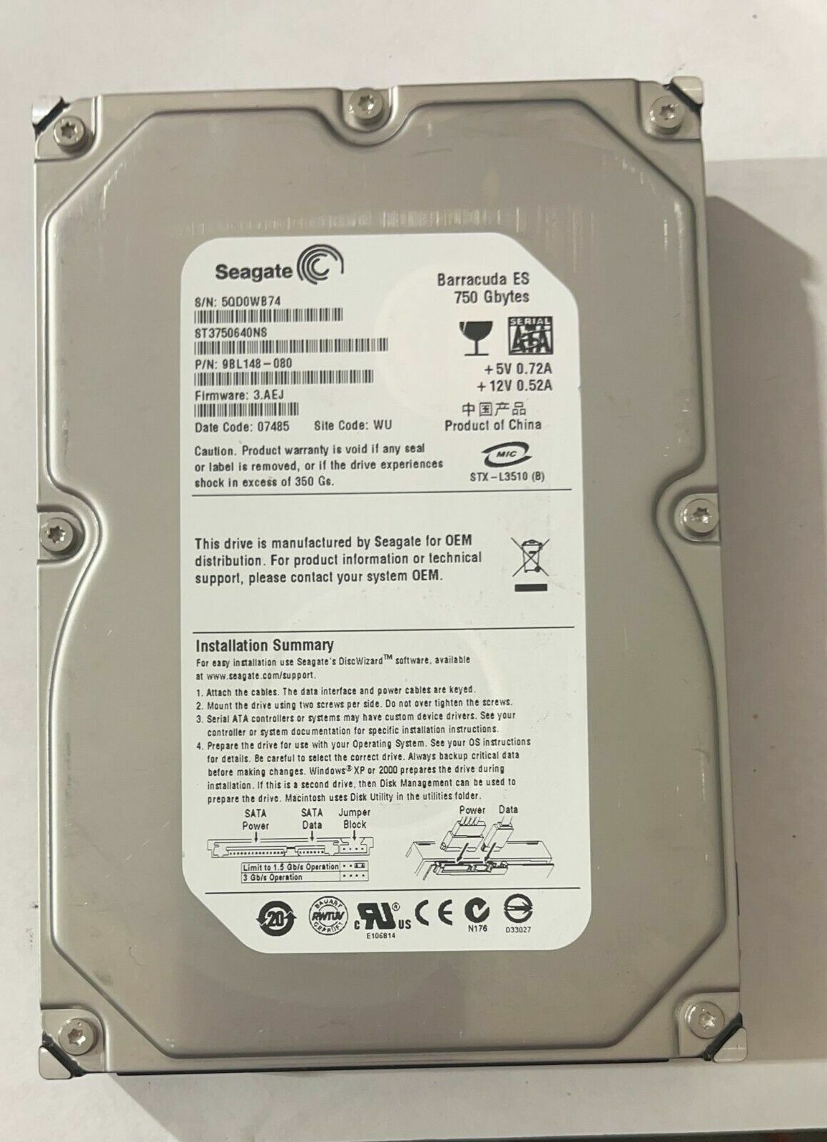 ST3750640NS Seagate Barracuda ES 750GB 3.5" SATA HDD Hard Drive-