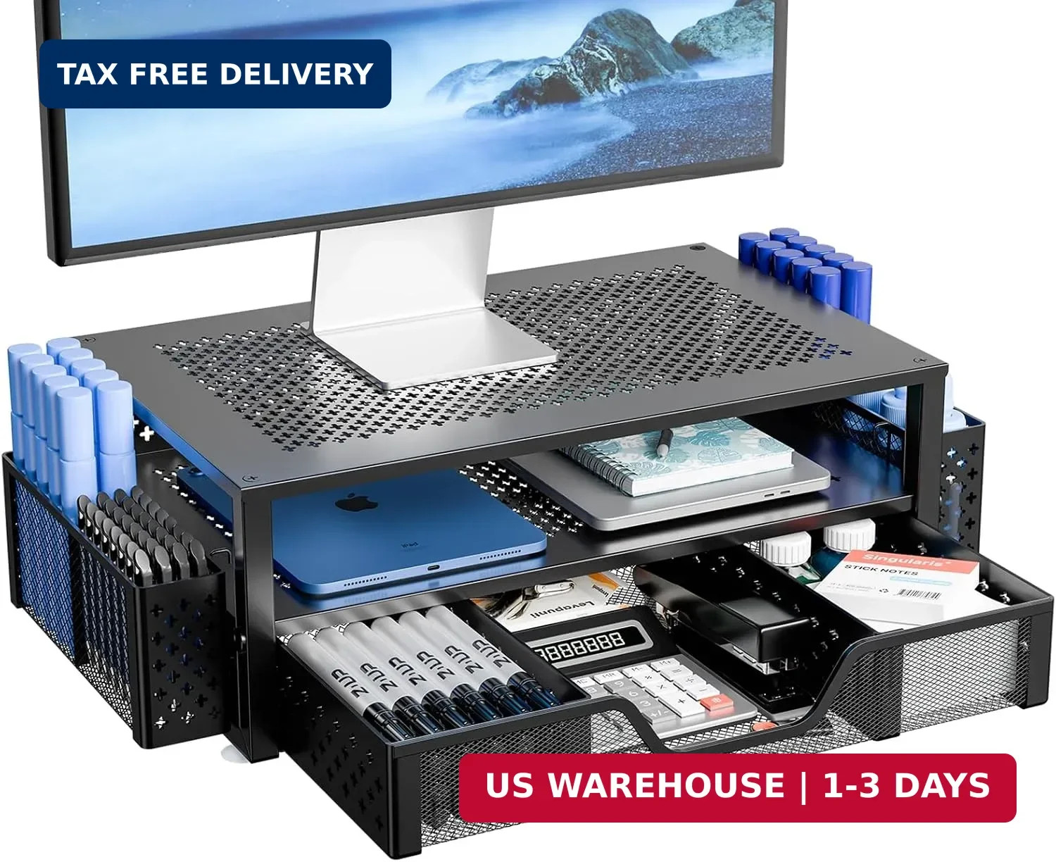 Desk Organizer and Accessories, 2 Tier Computer Metal Monitor Stand Riser with D