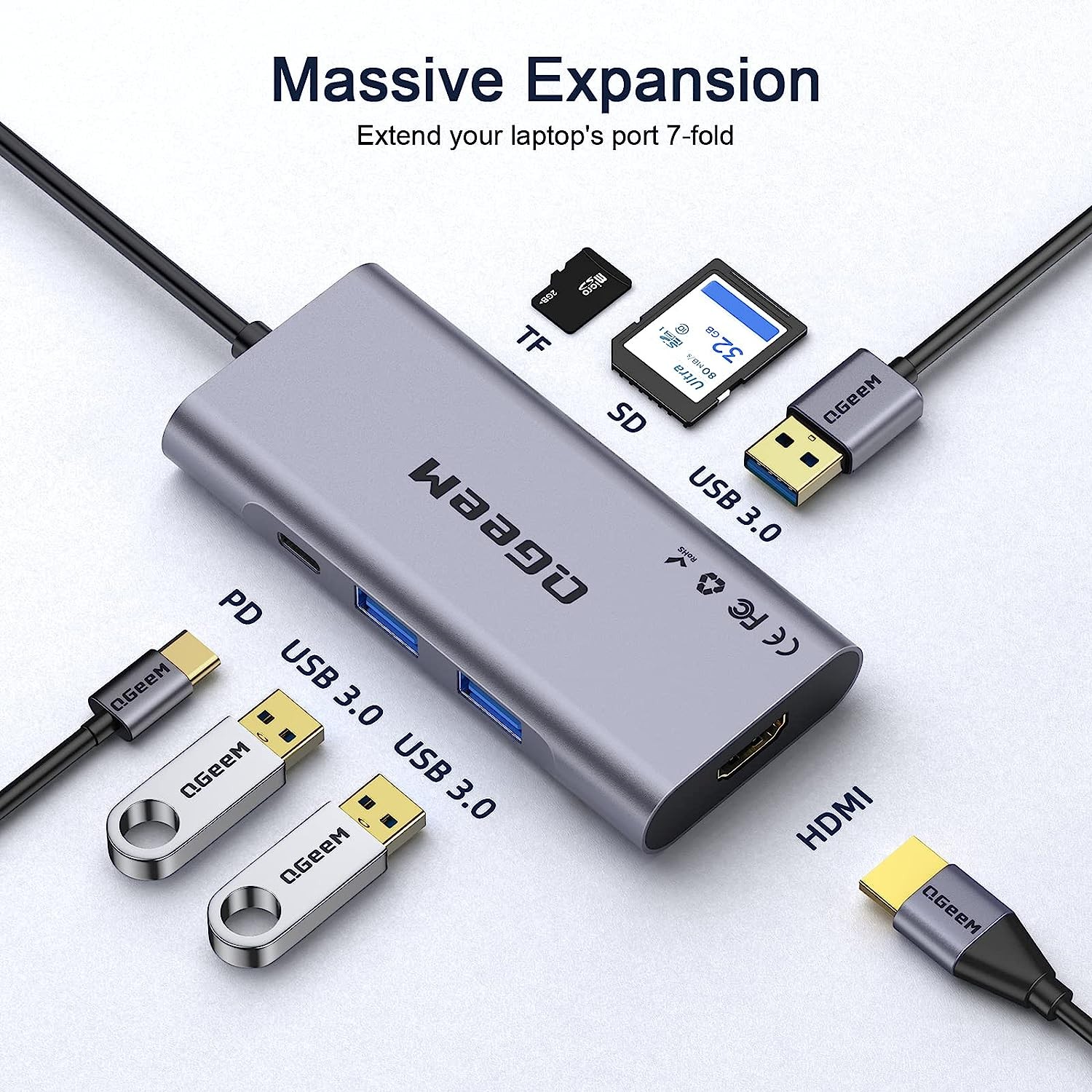 QGeeM 7-in-1 USB C Hub to HDMI Adapter 4k with 100W Power Delivery, 3 USB -