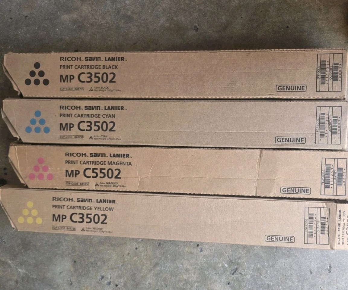 Set 4 (KCMY) Genuine Ricoh Savin Lanier Toner MP C3502 Black Magenta Yellow Cyan