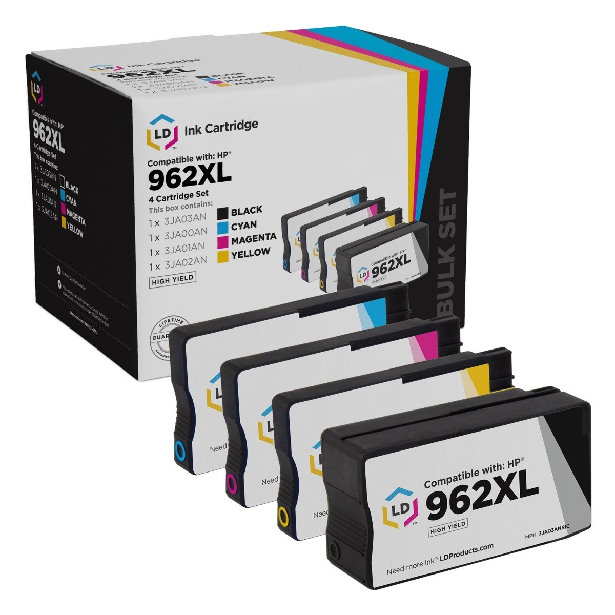 LD Replacement for HP 962XL High Yield Ink Cartridges: Black Cyan Magenta Yellow