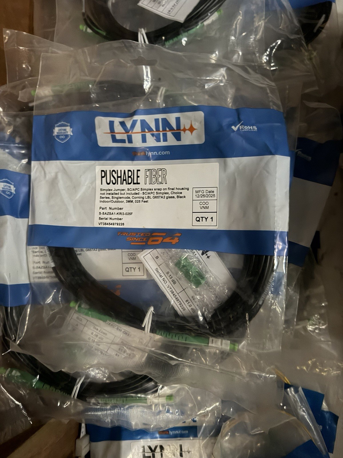 5pk LYNN Pushable Fiber Optical Network Cable SC/APC-SC/APC Simplex 25 ft Black