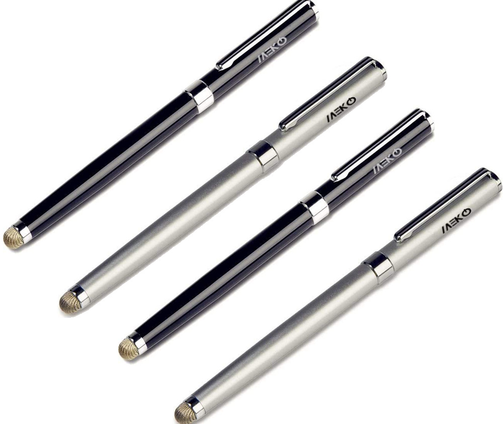 2-in-1 Stylus Pen Universal Use Meko Micro Fiber Tip Fine Ball Pen Black Silver