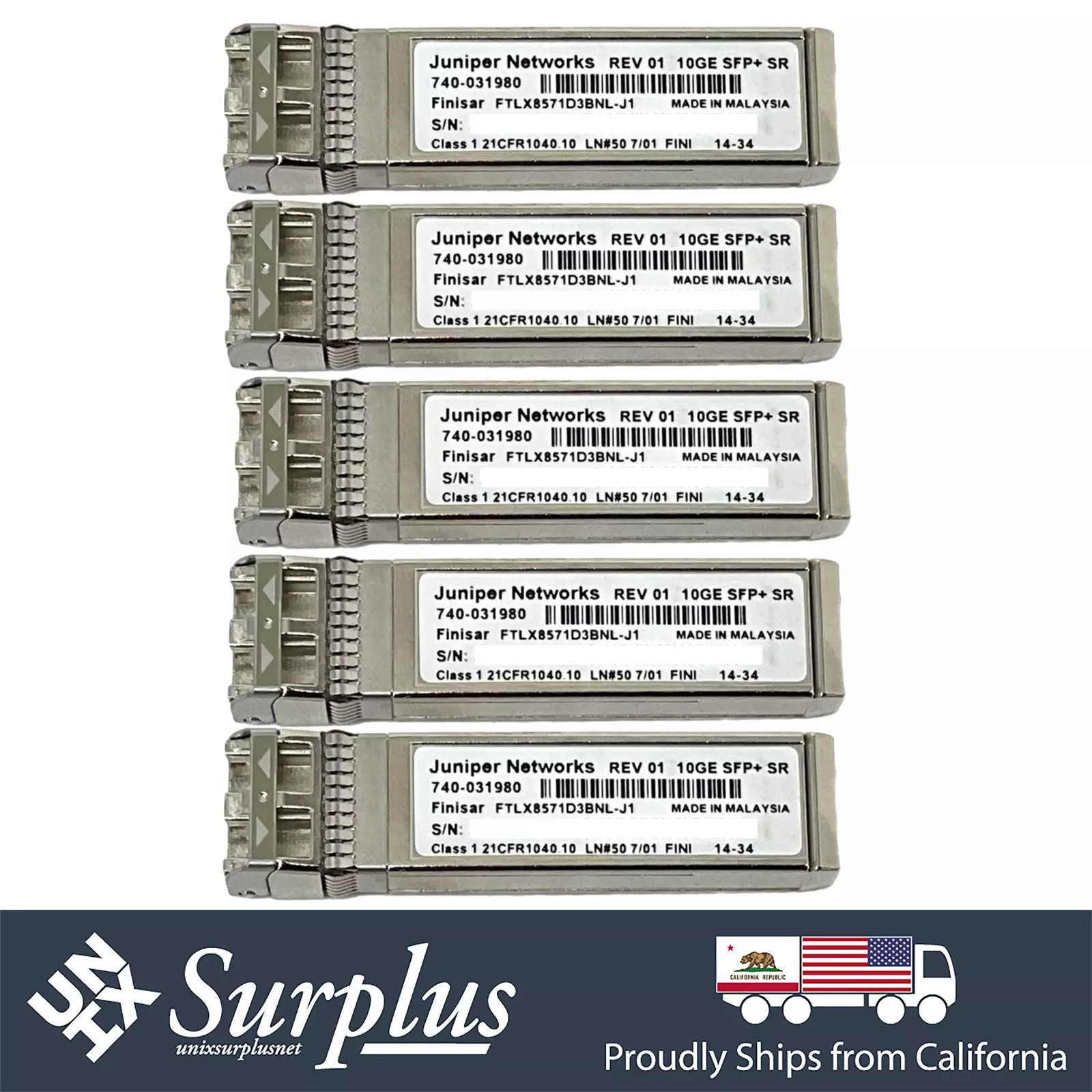 LOT of 5 Juniper Finisar Original 10GB SFP+ SR Optic Transceiver 740-031980